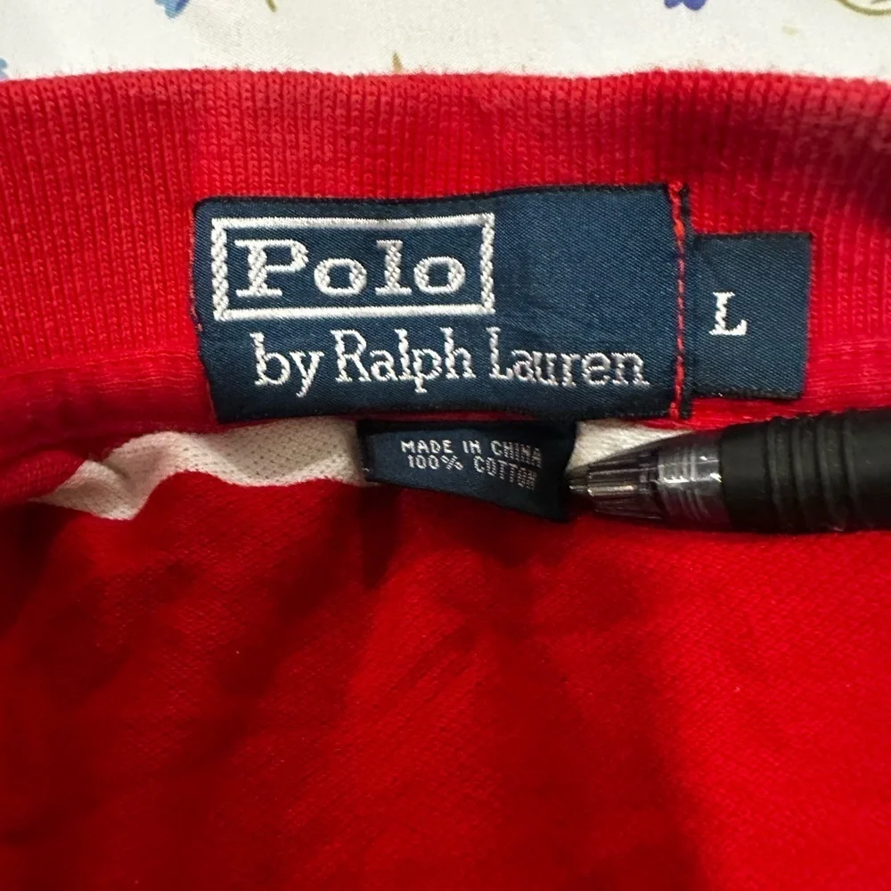 VTG 90s Polo Ralph Lauren Men's Sz: L Red & White Striped Short Sleeve Polo.
